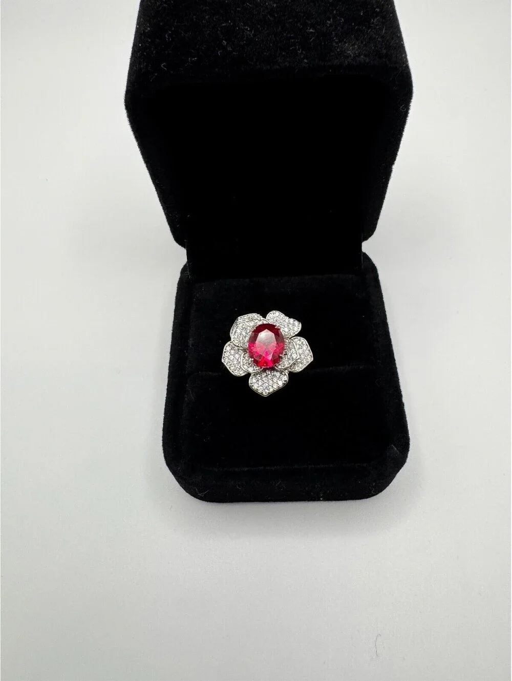 Platinum Plated Adjustable 2 ct Moissanite Pink Flower Ring Vintage Inspired
